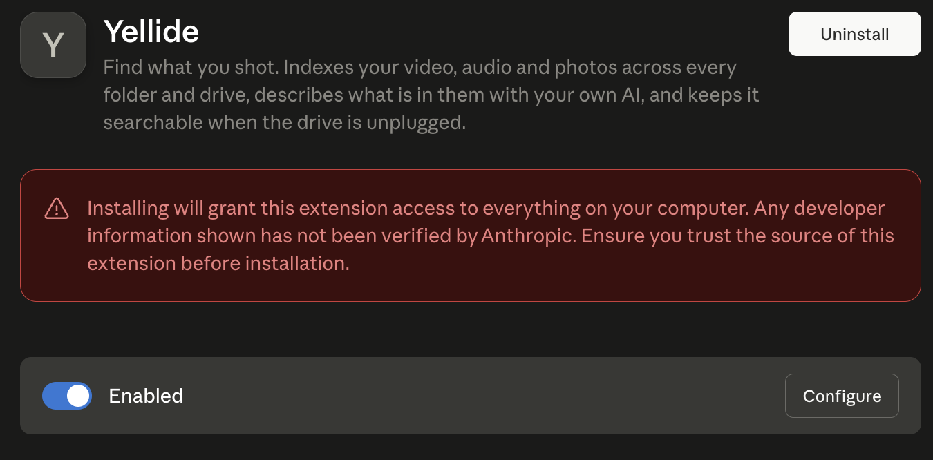 Settings, Extensions, Yellide: the extension panel with an Uninstall button, an Enabled
            toggle and a Configure button.